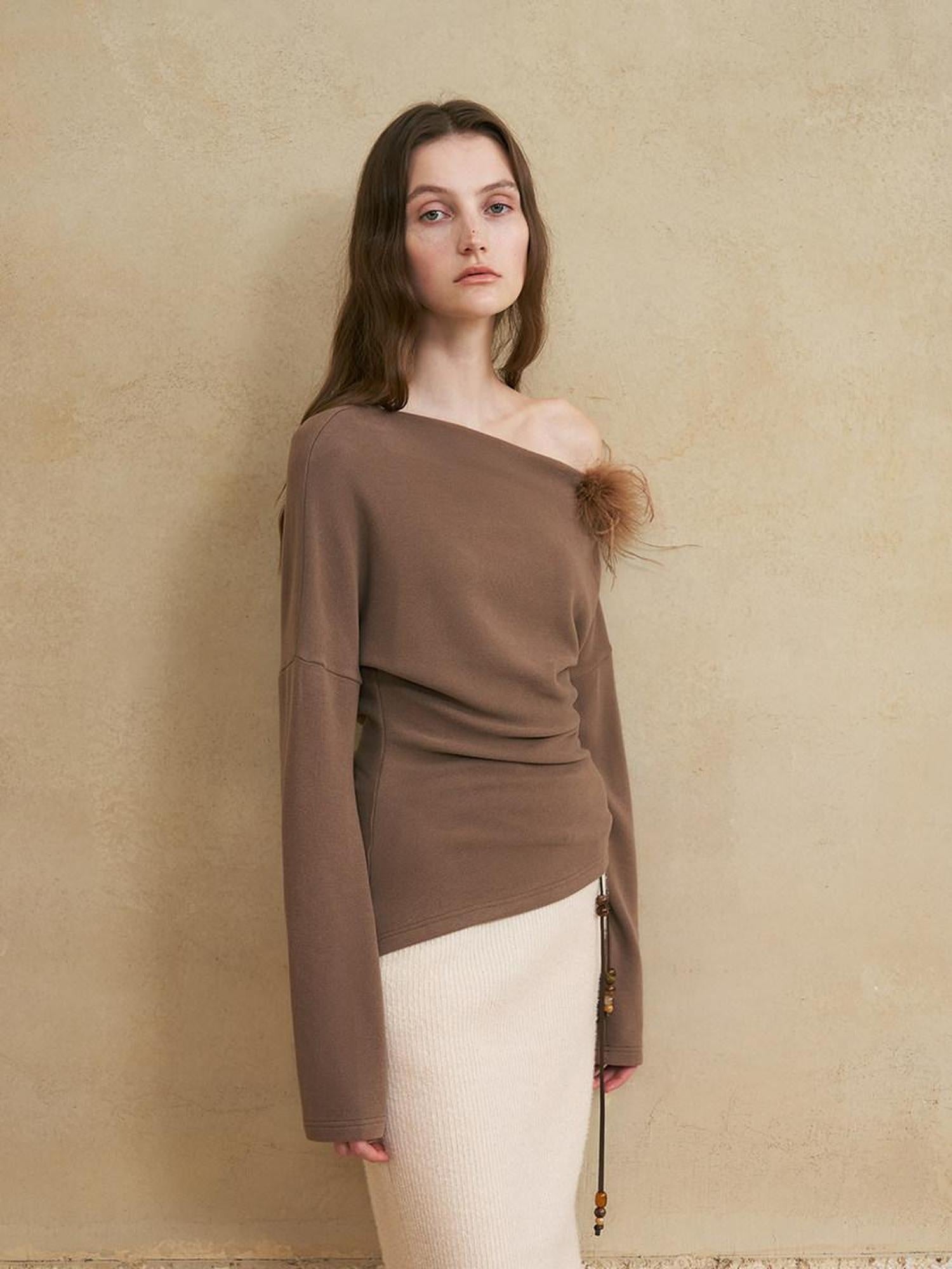 someonesometimes 3D Embellished Asymmetrical Neck Slim Crop Knit Wool Blend Sweaters