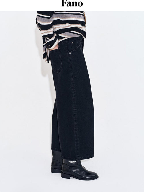 fano High Waist Cotton Button Fly Casual No Stretch Women Black Straight Leg Jeans