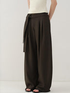someonesometimes Minimalist Work Natural Waist Button Tea Brown Stretch Wide Leg Pants
