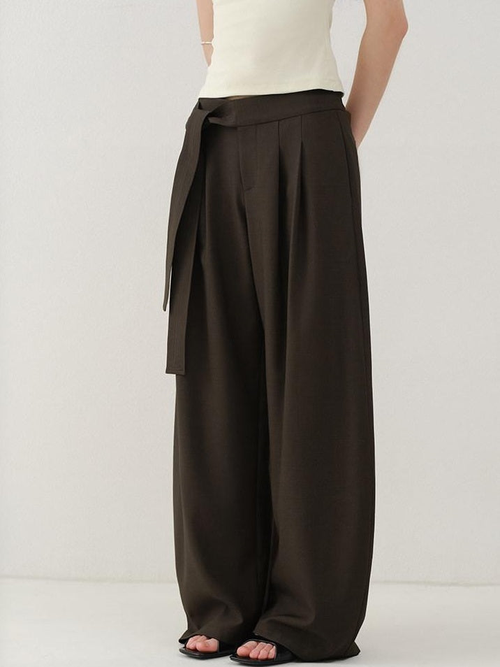 someonesometimes Minimalist Work Natural Waist Button Tea Brown Stretch Wide Leg Pants