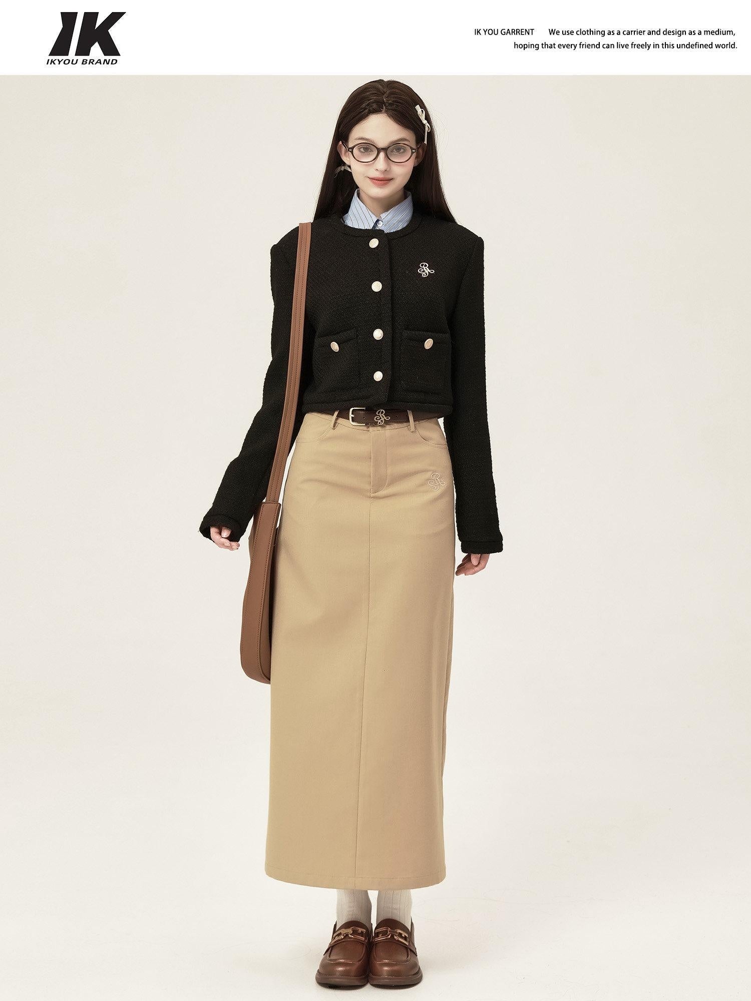 ikyou 3D Button Trim Slim Fit Office Long Sleeve Solid Polyester Cropped Jackets