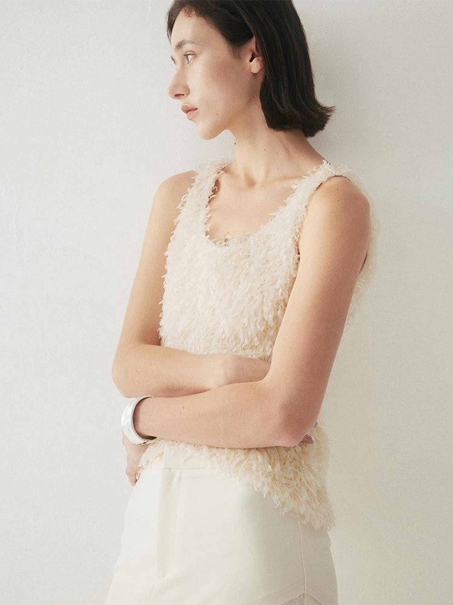 someone sometimes Fringe Detail Original Slim Fit Strappy Young Women Solid Cream Tank Tops