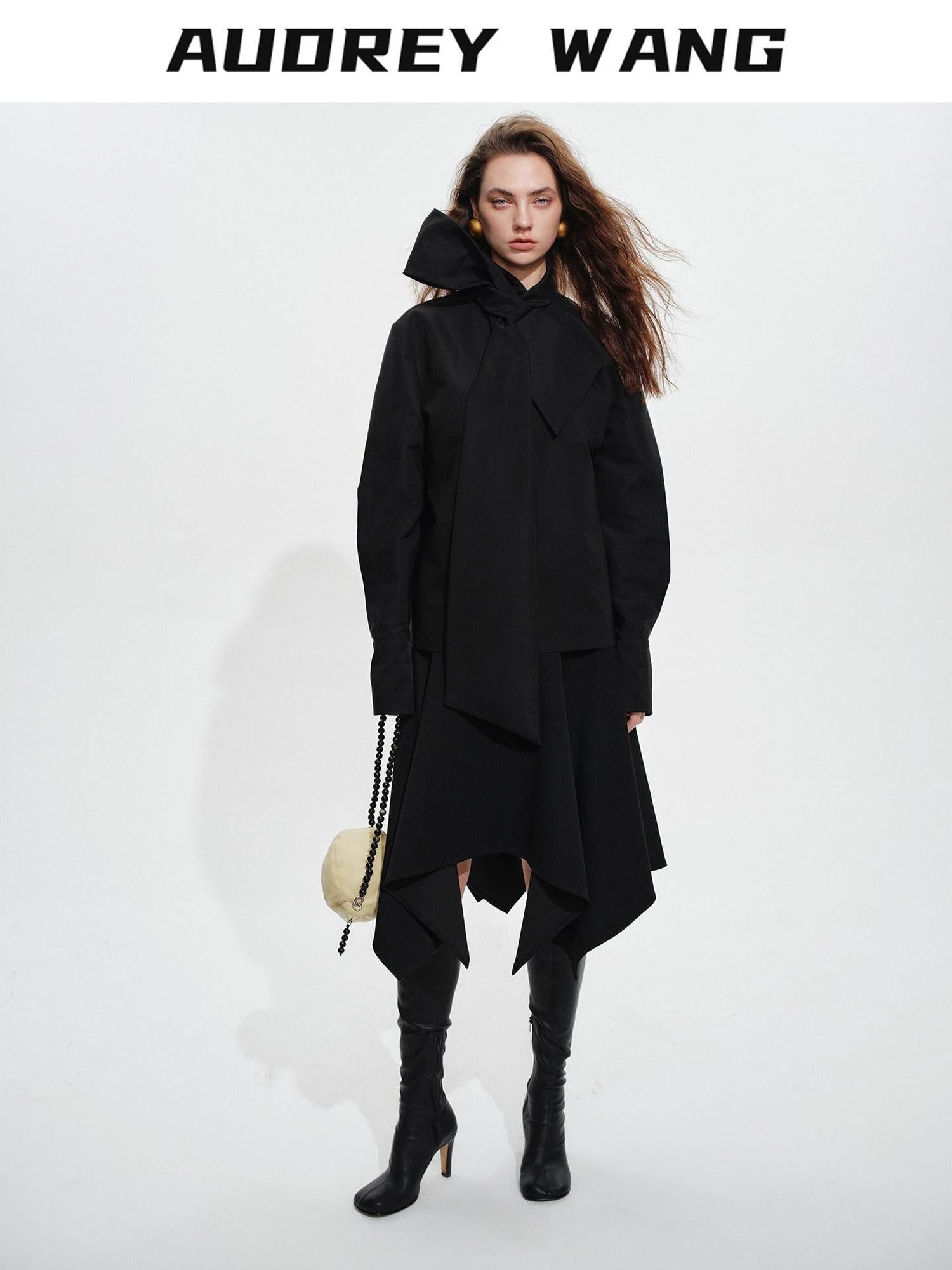 audreyyang Elegant Asymmetric Irregular Hem Mid Waist Front Zipper Black Midi Skirts