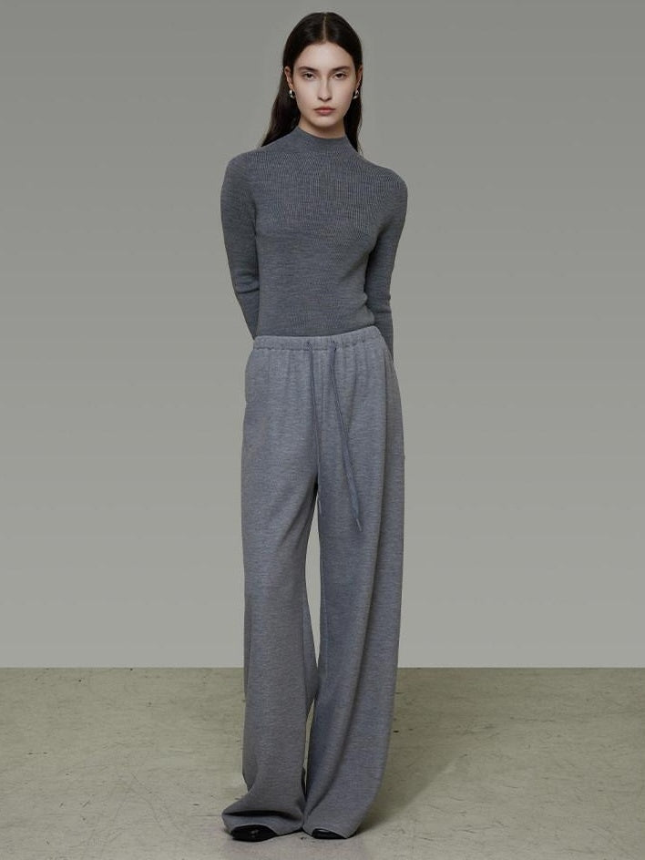 unspoken Breathable High Rise Tie Waist Office Solid Light Gray Poly Blend Wide Leg Pants