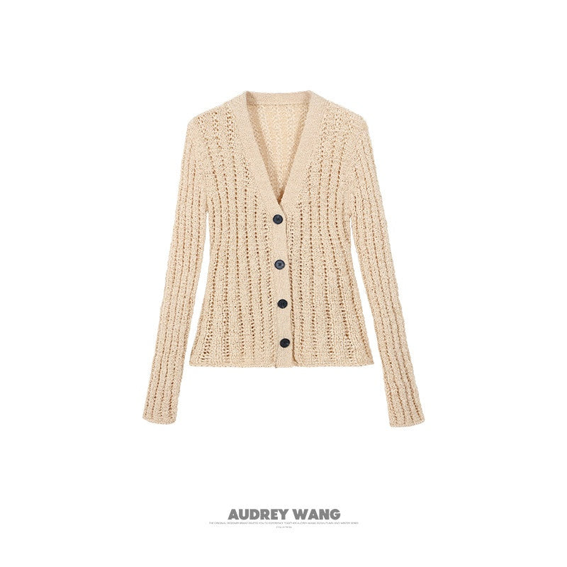 audreyyang_Lightweight_Openwork_Slim_V-neck_Button_Knitted_Cotton_Women_Cardigans_MISSTT