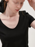 fano Cotton Tencel V-neck Straight Fit Women Black White Short Sleeve T-Shirts