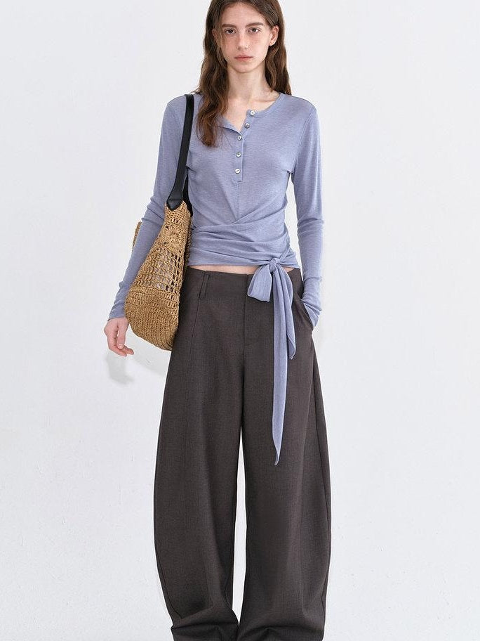 fano Poly Rayon Blend Mid High Waist Minimal Commuter Pine Gray Wide Leg Pants