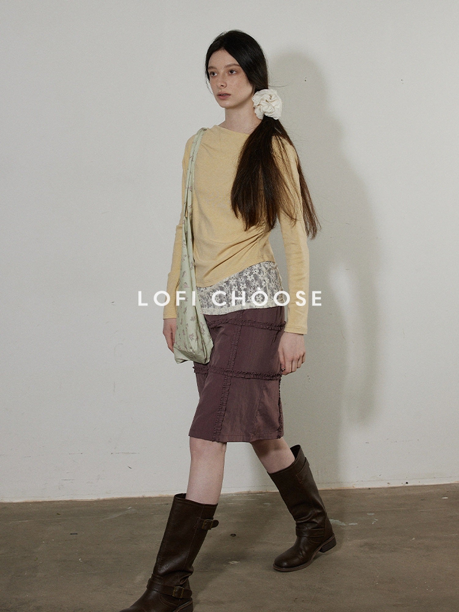 Lofi choose Cream Knit Paneled Relaxed Fit One Shoulder Women Long Sleeve T-Shirts