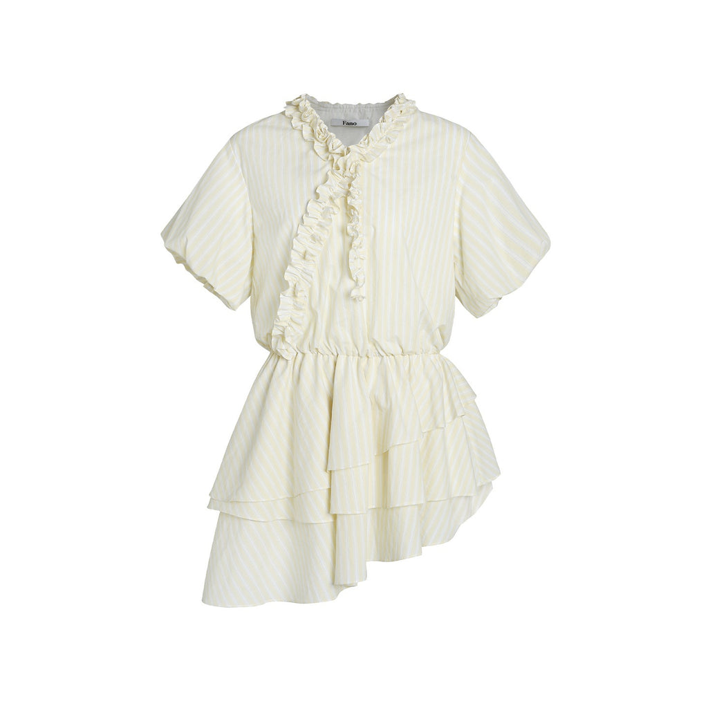 fano_Pure_Cotton_High_Waist_Ruffle_Puff_Sleeve_V-neck_Yellow_Striped_Midi_Dresses_MISSTT