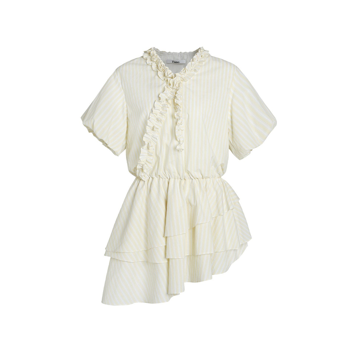 fano_Pure_Cotton_High_Waist_Ruffle_Puff_Sleeve_V-neck_Yellow_Striped_Midi_Dresses_MISSTT