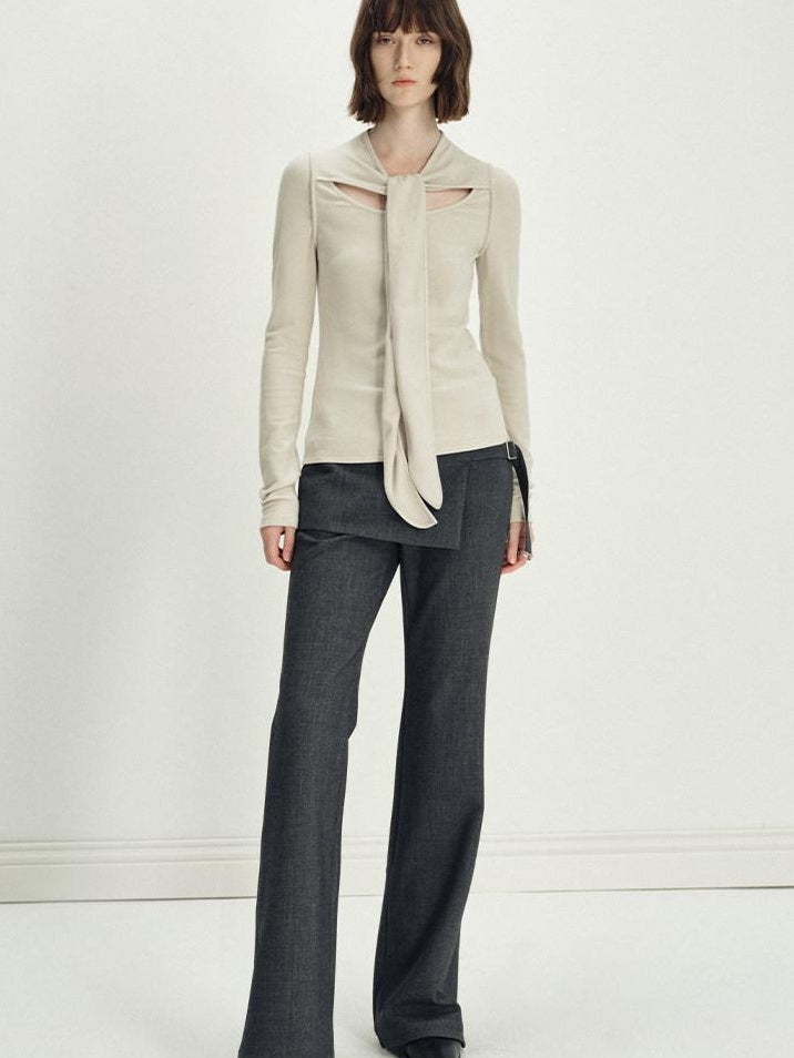 someonesometimes Asymmetrical Tie Natural Waist Micro Flare Women Polyester Blend Flared Pants