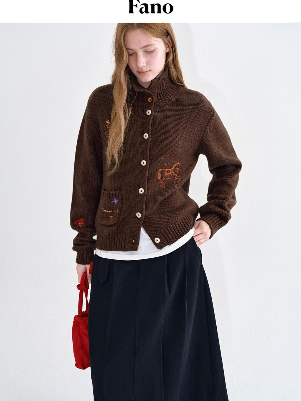 fano Soft Wool Blend Knit Commuter Loose Fit Stand Collar Women Brown Cardigans