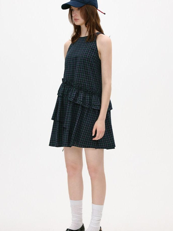fano Cotton Sleeveless Korean Office A Line Plaid Natural Waist Midi Dresses