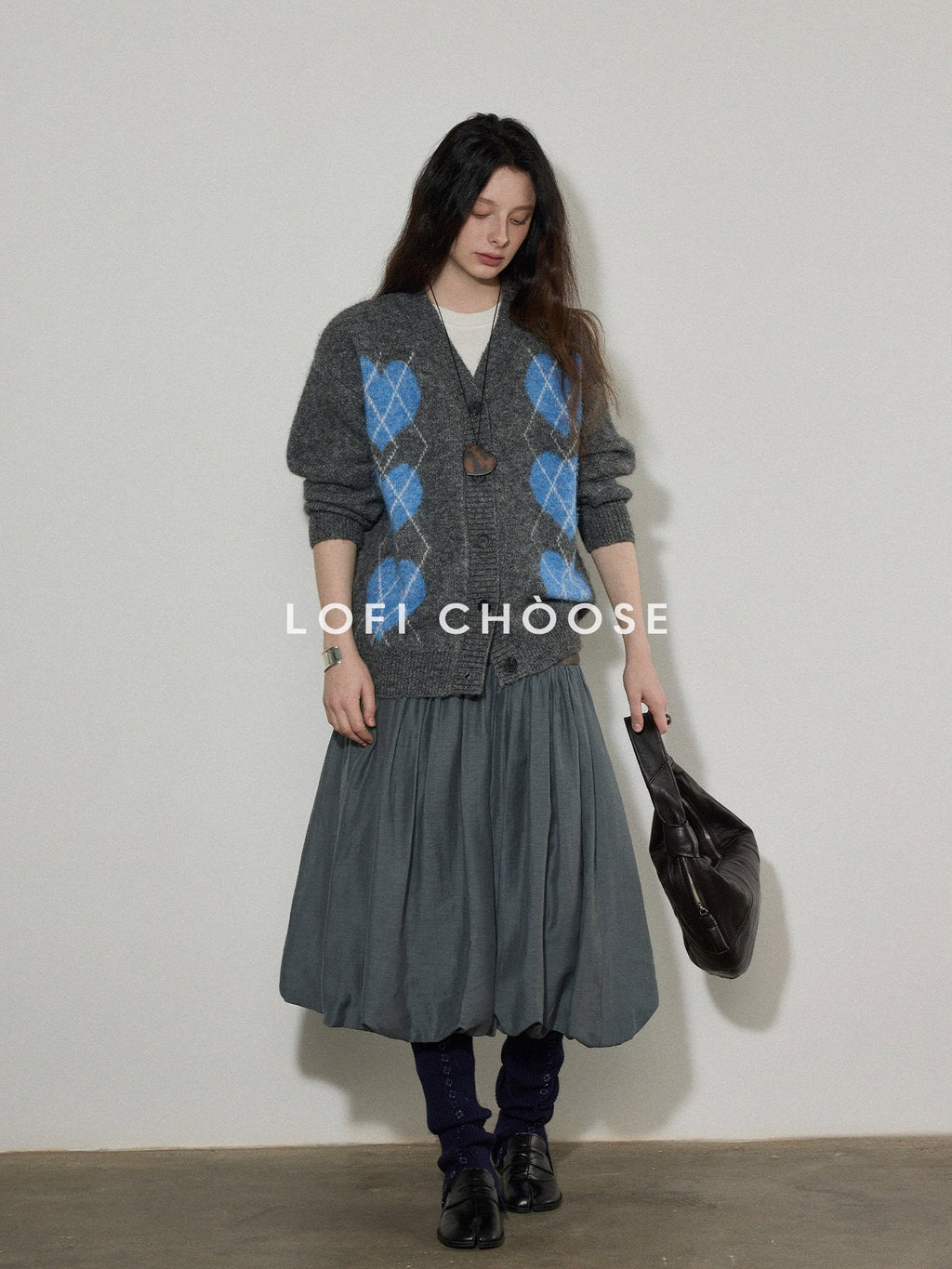 Lofi choose Cozy Wool Blend V-neck Button Front Relaxed Fit Heart Pattern Gray Cardigans