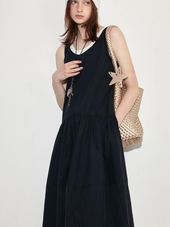 fano Black Cotton Blend A Line Sleeveless Round Neck Natural Waist Women Maxi Dresses