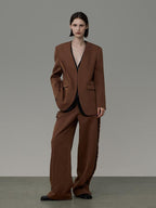 unspoken High Cotton Blend Minimalist Tailored Contrast Brown Black Women Top & Pants Sets