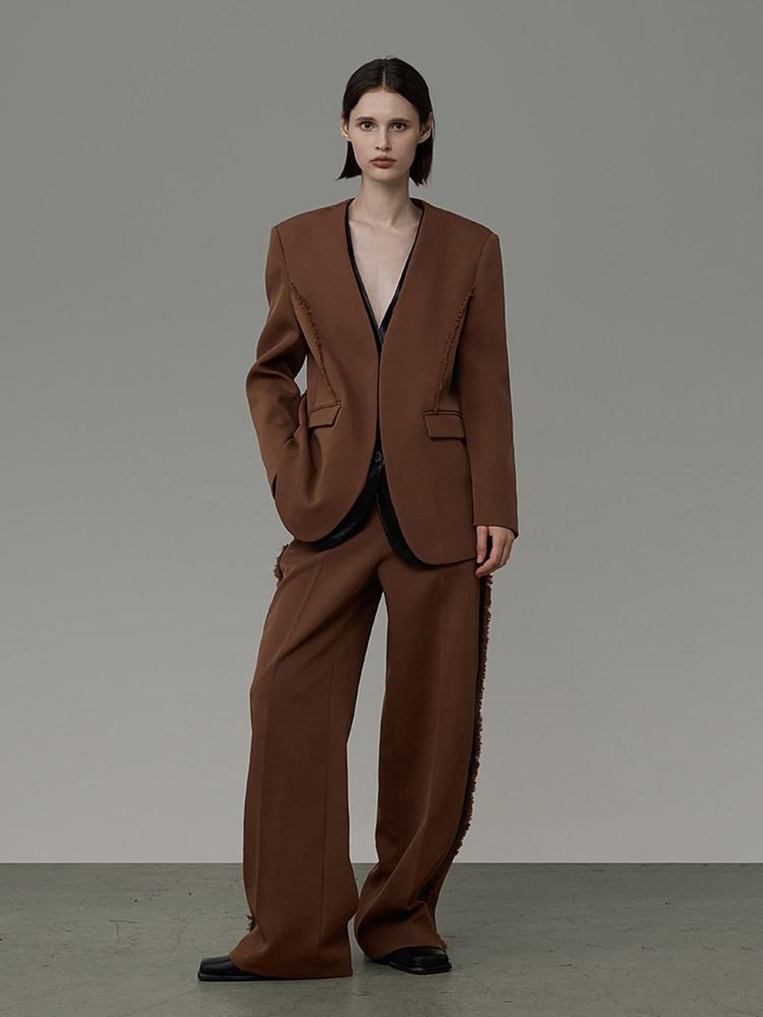 unspoken High Cotton Blend Minimalist Tailored Contrast Brown Black Women Top & Pants Sets