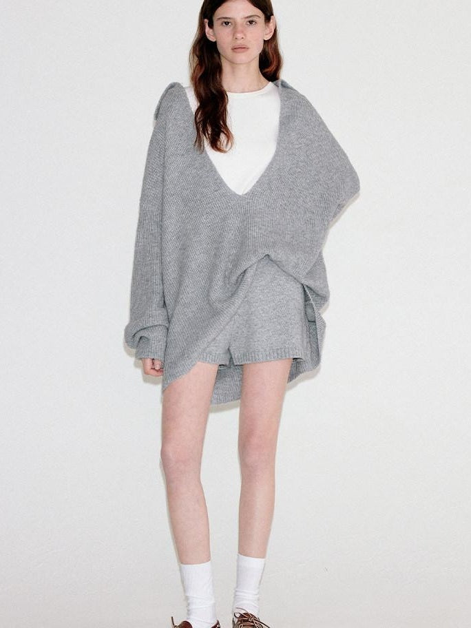fano Light Heather Gray V-neck Knit Loose Casual Women Top & Shorts Sets