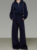 unspoken Breathable Soft Cotton Minimal Mid Rise Drawstring Navy Women Wide Leg Pants