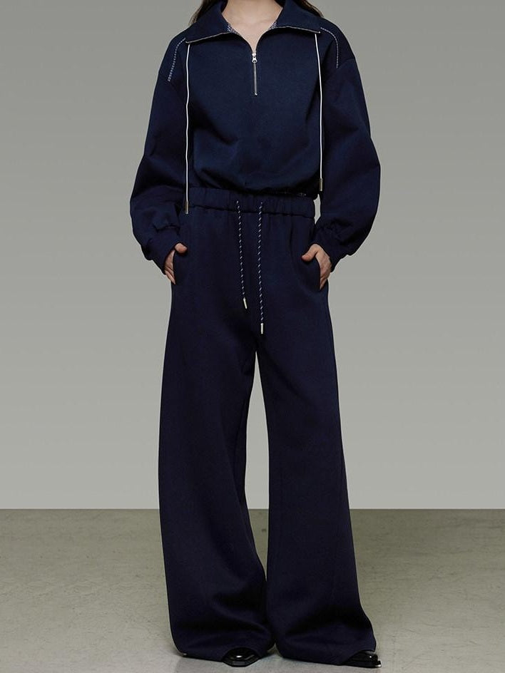 unspoken Breathable Soft Cotton Minimal Mid Rise Drawstring Navy Women Wide Leg Pants