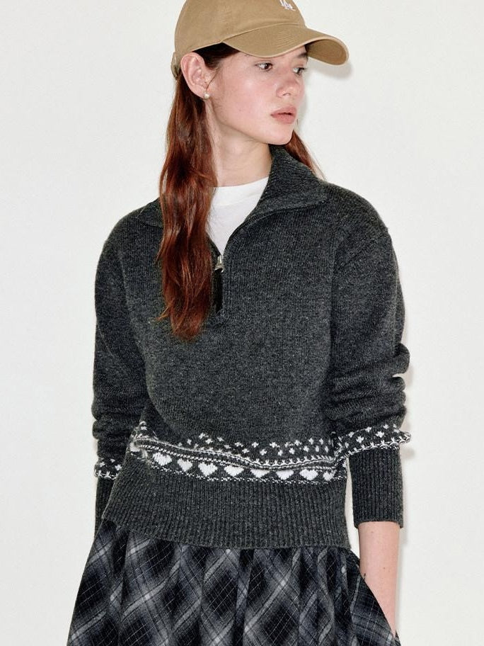 fano Wool Blend Half Zip Turtleneck Loose Fit Commuter Women Deep Gray Sweaters