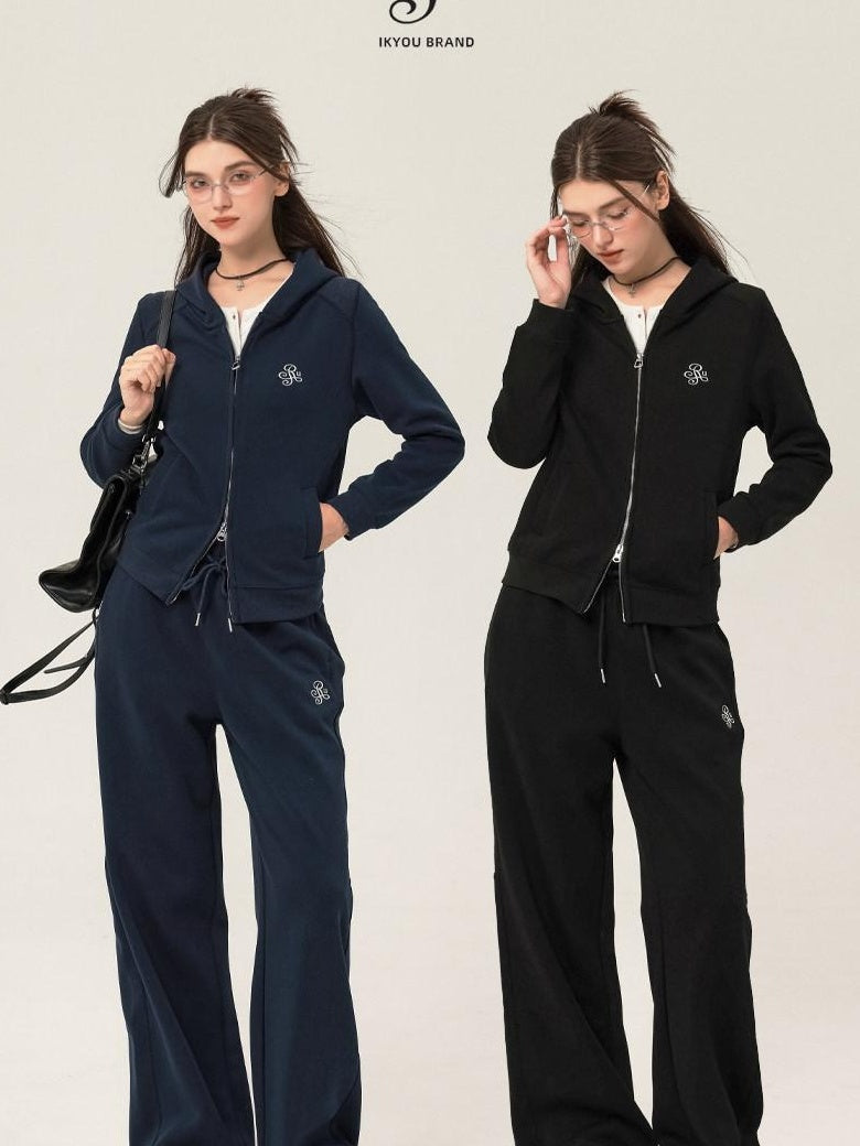 ikyou Slim Embroidered Ribbed Patchwork Cotton Lined Commuter Sweatpants
