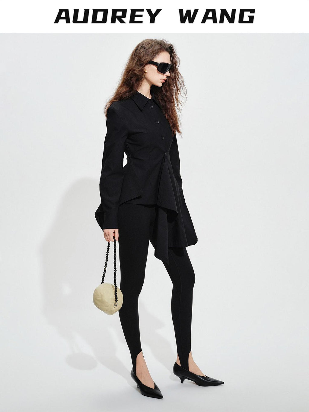 audreyyang Vintage Loose Square Neck Long Sleeve Midi Cardigan Black Polyester Blouses