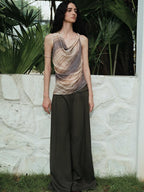 someonesometimes Original Asymmetric Patchwork Striped Slim Curve Khaki Brown For Women Vest