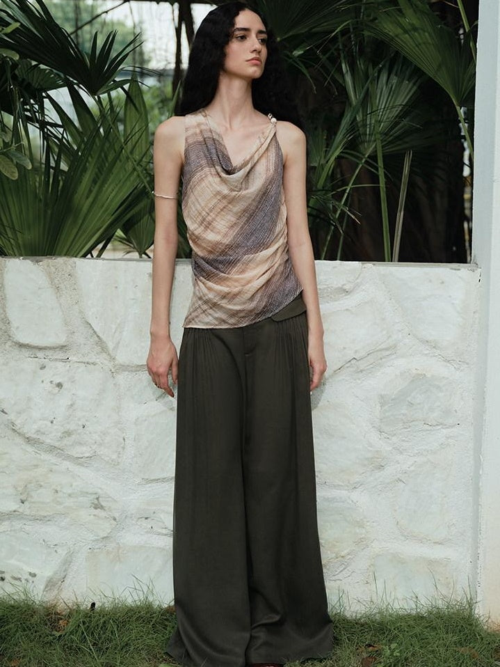 someonesometimes Original Asymmetric Patchwork Striped Slim Curve Khaki Brown For Women Vest