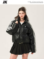 ikyou Thick Pu Leather Short Zip Stand Collar Straight Commuter Black Puffer Jackets