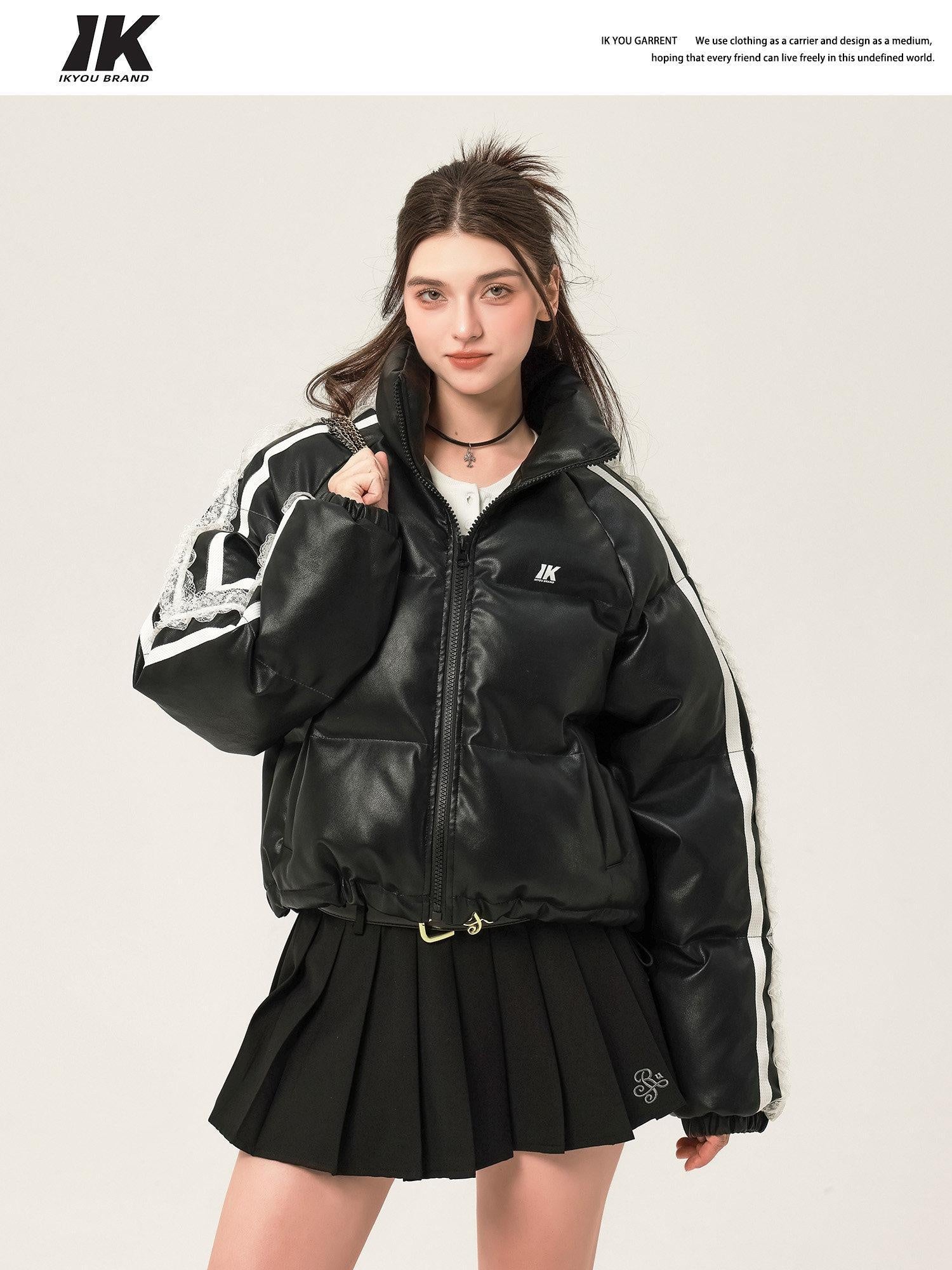 ikyou Thick Pu Leather Short Zip Stand Collar Straight Commuter Black Puffer Jackets