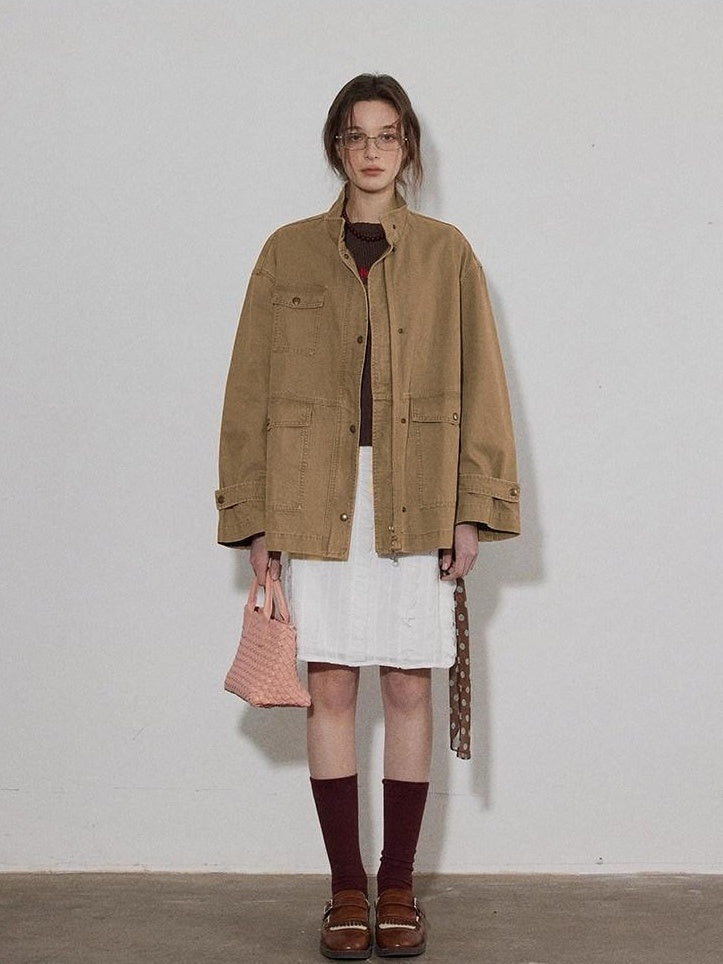 Lofi choose Airy Loose Fit Commuter Lapel Button Longsleeve Solid Khaki Cropped Jackets