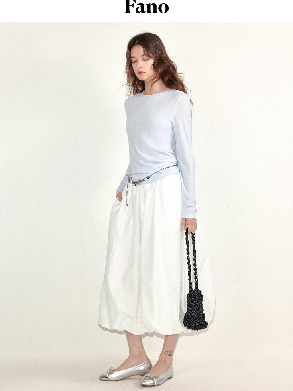fano Lined Press Pleat A Line Bubble Mid Waist Women City Black White Midi Skirts