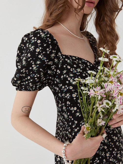 fano Black Floral Puff Sleeve V-neck High Waist A Line Office Chic Midi Dresses
