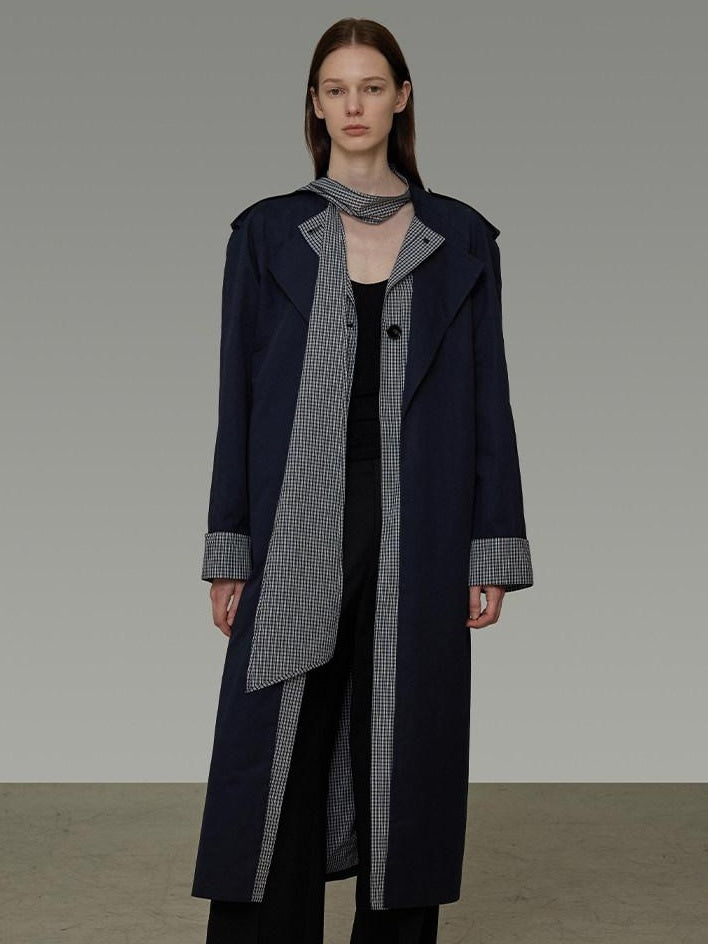 unspoken Minimal Navy Plaid Single Breasted Midlength Relaxed Women Trench Coats
