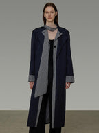 unspoken Minimal Navy Plaid Single Breasted Midlength Relaxed Women Trench Coats
