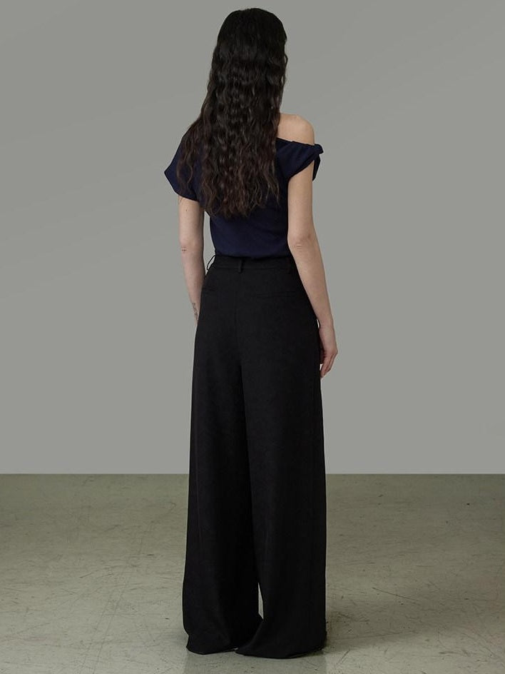 unspoken 3D Detail Slim Fit Minimal Commuter Asymmetric Neck Navy Off Shoulder Crop Tops