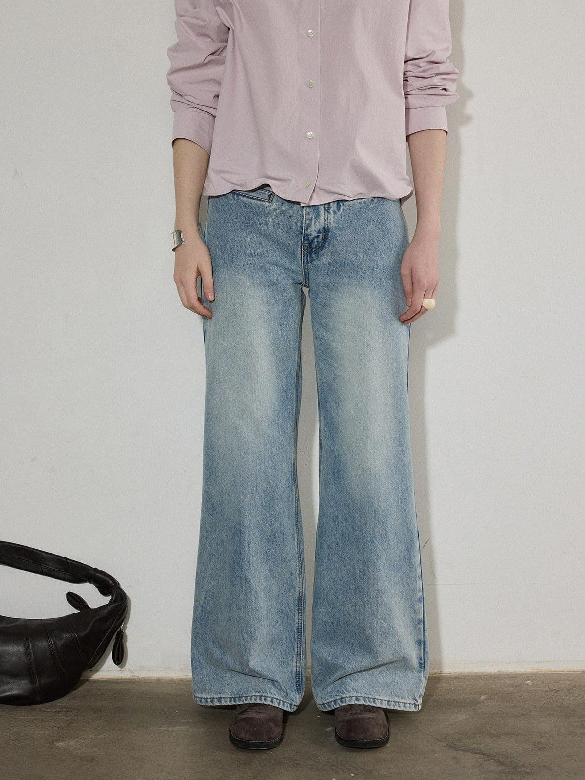 Lofi choose High Rise Vintage Wash Office Straight Detail Women Blue Flared Jeans