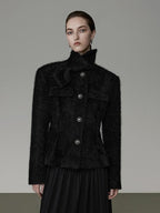 unspoken Slimming French Slim Fit Waist Cinch Stand Collar Black Nylon Women Short Coat
