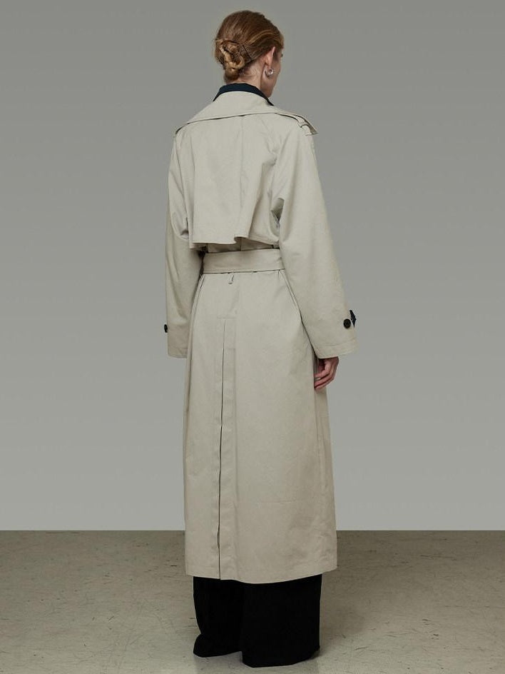 unspoken Minimalist Double Breasted Long Straight Workwear Beige Navy Trench Coats