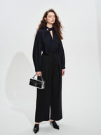 audreyyang Shape Retaining Loose Long Lantern Sleeve Pullover Navy Polyester Women Blouses
