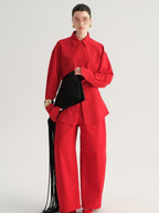 audreyyang High Waist Cotton Pockets Casual Loose Solid Straight Fit Women Wide Leg Pants