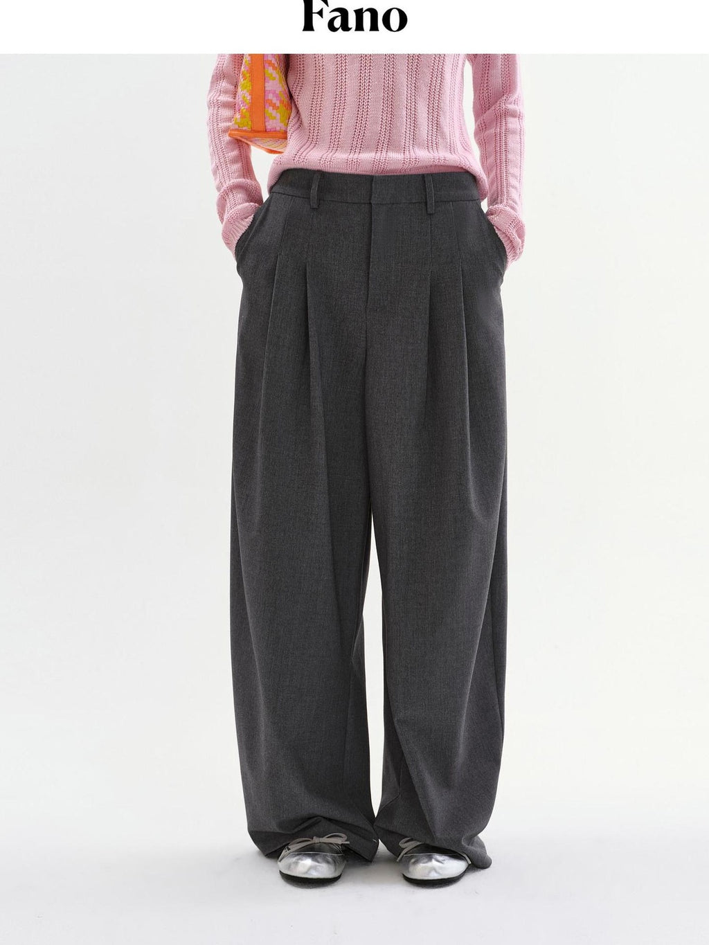 fano Lightweight Mid Rise Minimalist Flowy Young Women Polyester Grey Wide Leg Pants