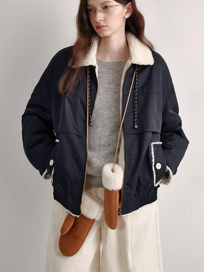 fano Patchwork Cozy Relaxed Loose Fit Commuter Navy Zipper Long Sleeve Puffer Jackets