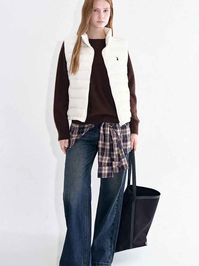 fano Breathable Cotton Wide Natural Waist Plaid Womens Straight Leg Jeans