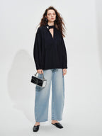 audreyyang Shape Retaining Loose Long Lantern Sleeve Pullover Navy Polyester Women Blouses