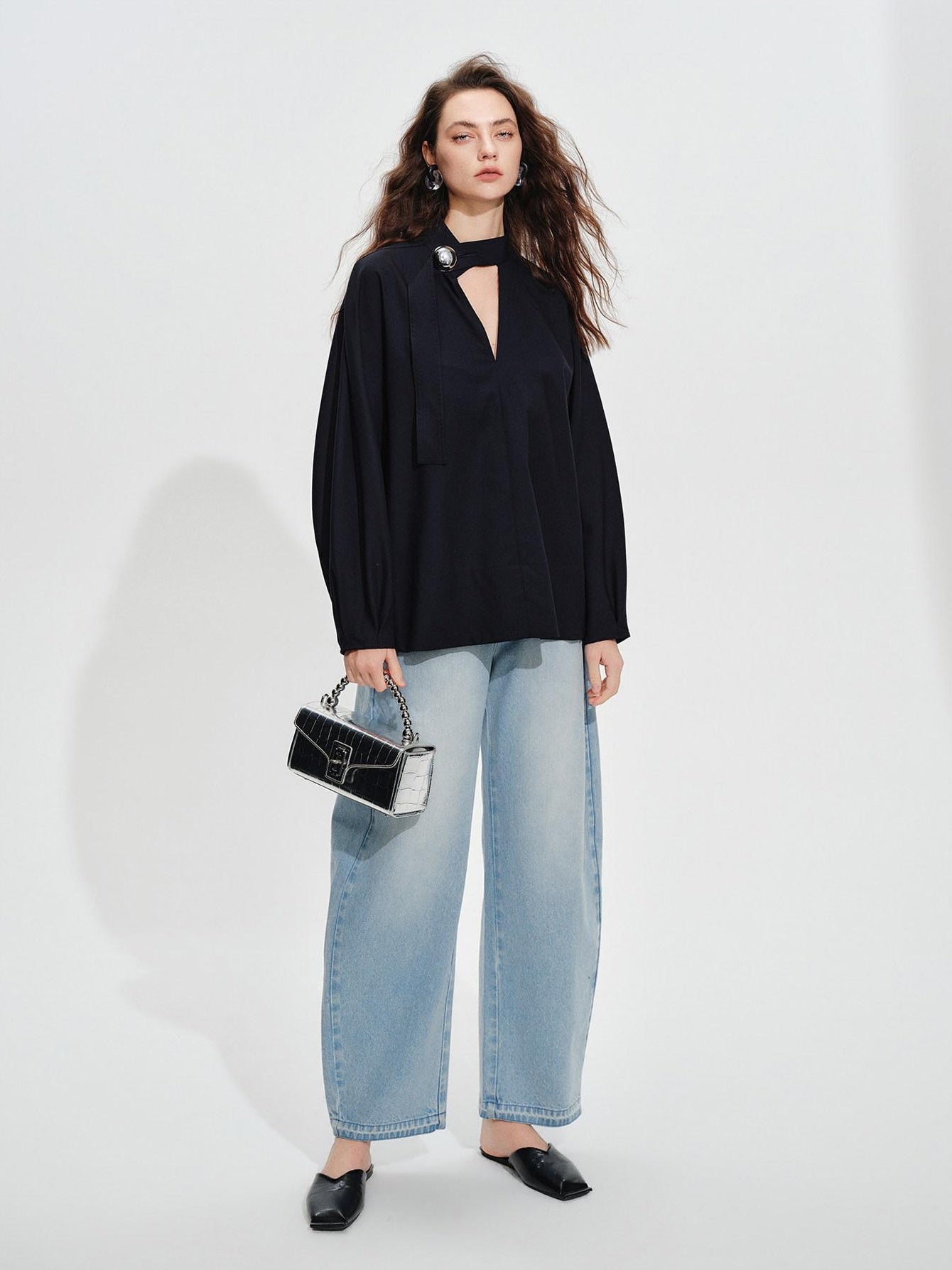 audreyyang Shape Retaining Loose Long Lantern Sleeve Pullover Navy Polyester Women Blouses