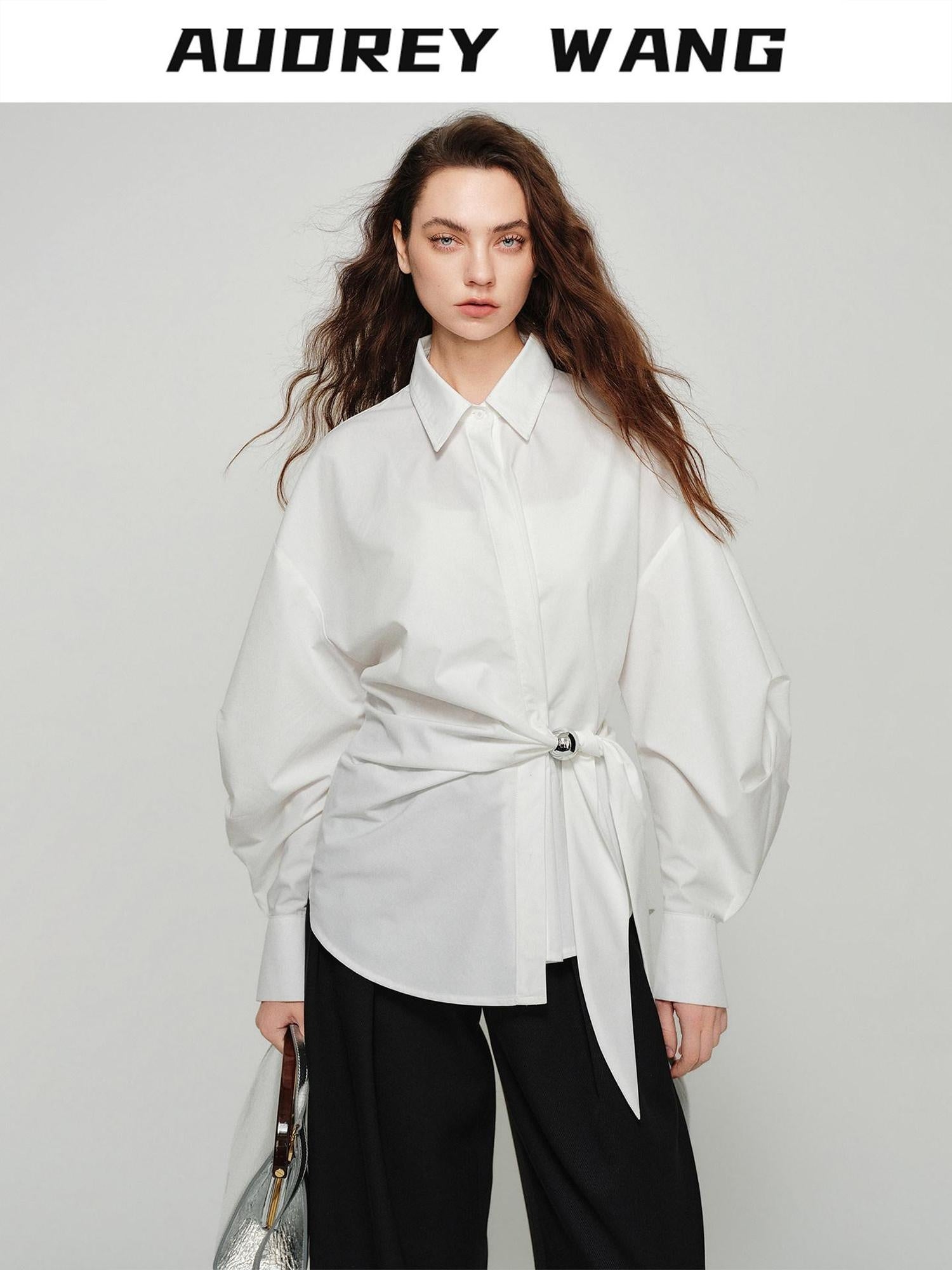 audreyyang Shape Retaining Casual Relaxed Tie Drop Shoulder Women Cotton Blend Shirts