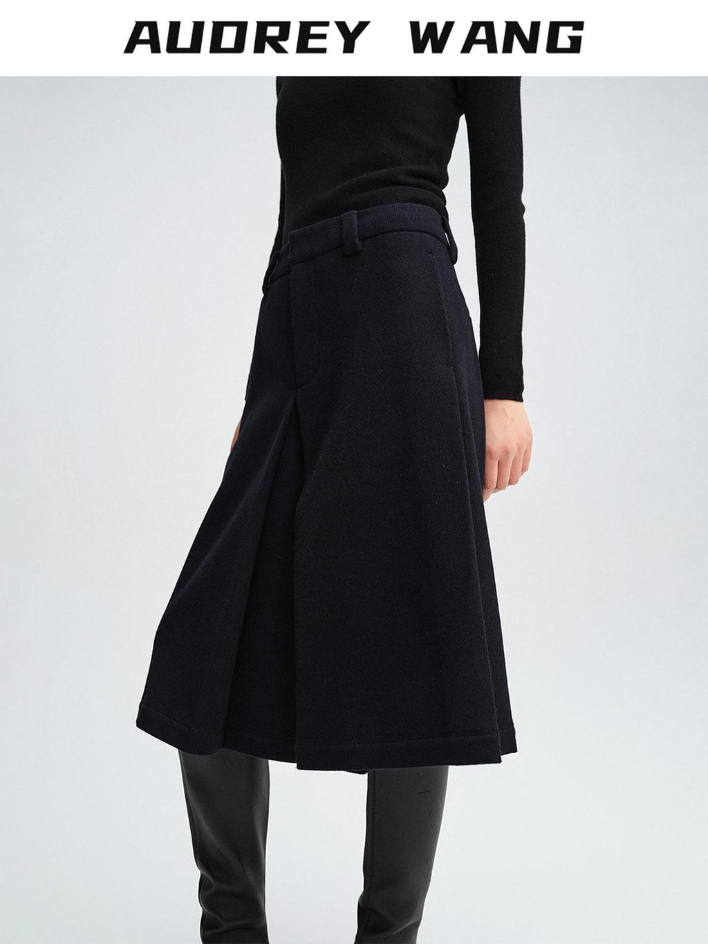 audreyyang Pure Wool Casual Loose Natural Waist Zipper Women Black Mid-Length Shorts