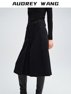 audreyyang Pure Wool Casual Loose Natural Waist Zipper Women Black Mid-Length Shorts